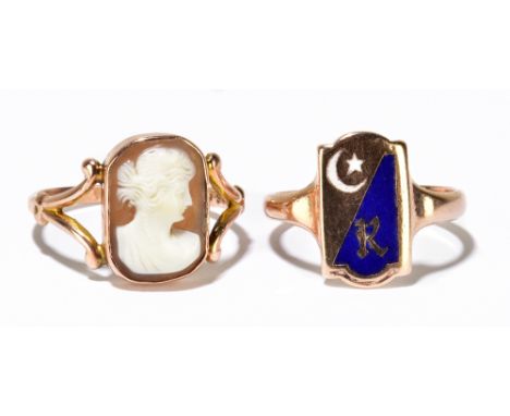A rose gold and enamelled ring, set with the initial 'R' to the blue portion of enamel beneath a Turkish moon and star, size 