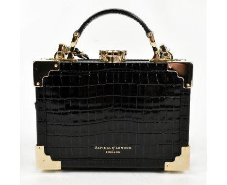 ASPINALL OF LONDON; an unused black crocodile embossed leather 'Mini Trunk' shoulder bag, with gold tone logo top shield lock