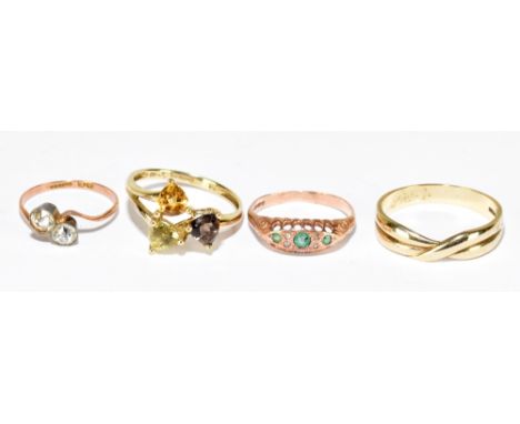 Four 9ct yellow and rose gold dress rings; citrine, peridot and amethyst, size U, approx. 2.87g, twist ring, size W, approx. 