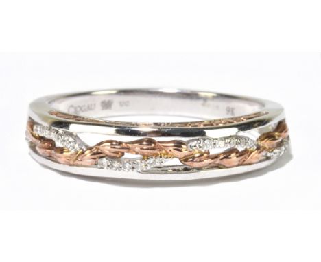 CLOGAU; a 9ct white and rose gold half eternity ring set with fifteen brilliant cut diamonds entwined with rose gold hearts, 