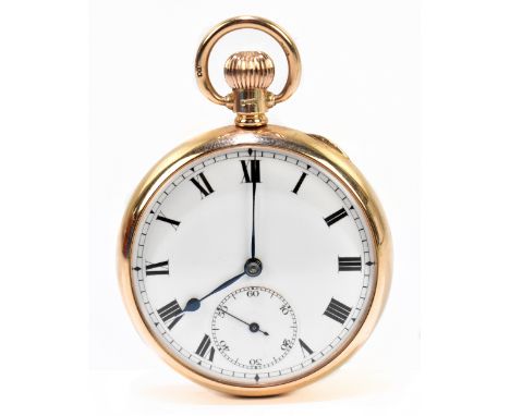 A 9ct yellow gold crown wind open face pocket watch, the enamelled dial set with Roman numerals and subsidiary seconds dial, 