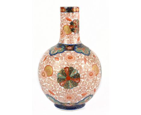 A late 19th century Japanese Satsuma vase of globular form with cylindrical neck painted in the Imari palette with stylised m