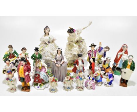 A collection of twenty-two Continental ceramic figures, to include two large crinoline figures of dancers, tallest 23cm, and 