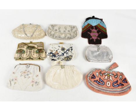 Nine vintage evening bags including six early 20th century beaded bags, one with a red, white and blue floral design, a cream