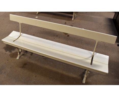 JOHN HEYWOOD LTD, MANCHESTER; a white painted cast iron adjustable railway bench with wooden back and seats, length 198cm.