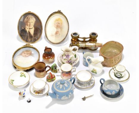 G. COLLIER; watercolour miniature, portrait of an infant, framed, 10.5cm x 8cm, with a pair of opera glasses and a selection 