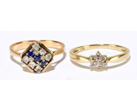 A 9ct yellow gold and tiny diamond flowerhead ring, size P 1/2, approx 1.4g, and a yellow metal dress ring, size N, approx 3g