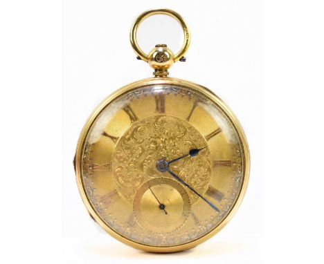 HURT &amp; WRAY; a gentleman's 18ct yellow gold cased open face key wind pocket watch, the filigree dial set with Roman numer