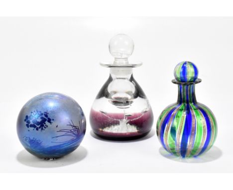 GLASFORM; a contemporary iridescent paperweight decorated with landscape scene, diameter 6.5cm, a Caithness quartet inkwell a