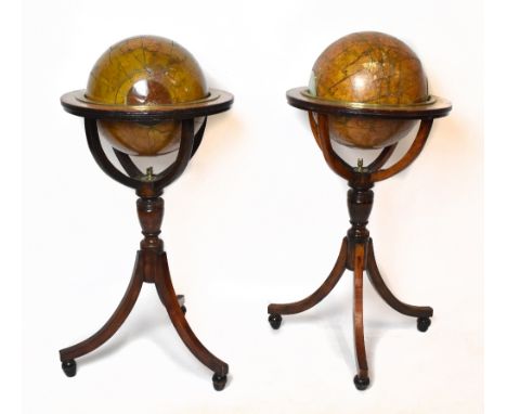 MASONIC INTEREST; a pair of 19th century Bardin 12" terrestrial and celestial globes on tripod stands, both in need of restor