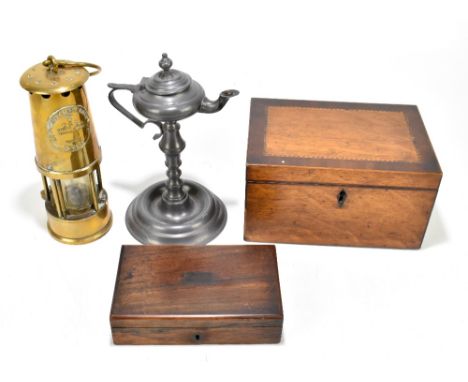 A 19th century golden oak box, with compartmented interior, length 23cm, with a smaller rosewood box, an Eccles Davy lamp and