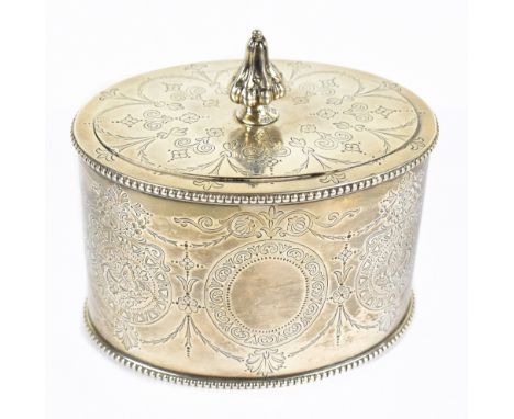 GOLDSMITHS ALLIANCE LTD; a Victorian hallmarked silver tea caddy of oval form with cast beaded rim outside a chased decorated