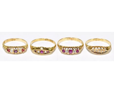 Four 18ct yellow gold ruby and diamond five stone half hoop rings, sizes R, 2x N and P, combined approx. 10.5g.