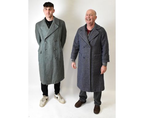 BURTON; a green Harris tweed vintage double breasted fully lined gentleman's overcoat with belt and slit pockets, size large,