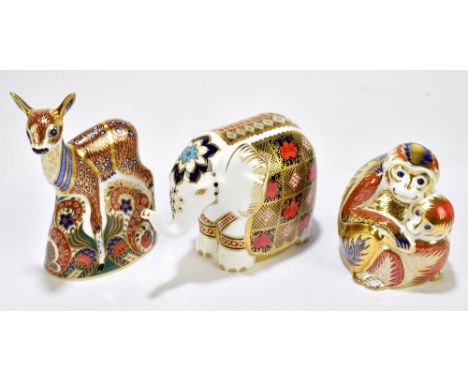 ROYAL CROWN DERBY; three animal form paperweights including elephant, decorated in the Imari palette, height 10cm, fawn produ