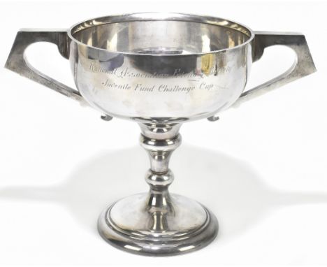 WILLIAM ADAMS LTD; a George VI hallmarked silver twin handled trophy cup with engraved inscription 'Rational Association Frie