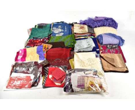 Sixty-five 100% silk vintage scarves including Jacqmar, Paisley Silk, Richard Allan, Ostinelli, Clifford Bond, two silk shawl