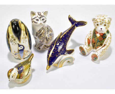 ROYAL CROWN DERBY; five animal form paperweights including The Regal Goldie Bear, signed in gilt to the underside (boxed), Fi