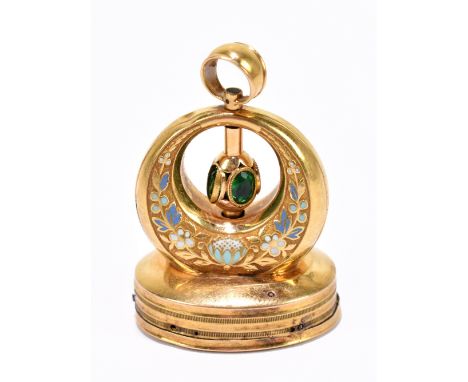 An early 19th century yellow metal and enamel musical fob, possibly Swiss, the closed crescent top decorated with enamel flow