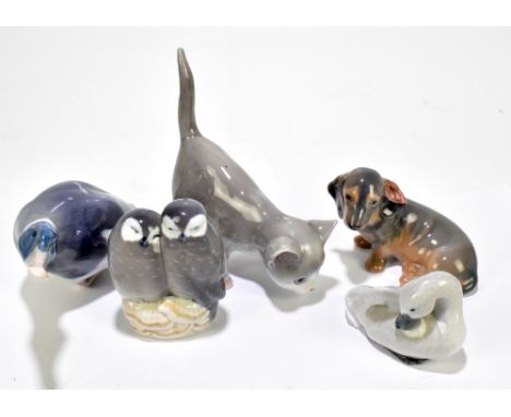 ROYAL COPENHAGEN; five animal form figures including a mallard, length 19cm, a model of a kitten, length 12cm, etc (5).Additi