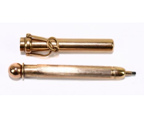 SAMPSON MORDAN &amp; CO; a 9ct yellow gold propelling pencil, in 9ct yellow gold sleeve, both inner and outer section signed,