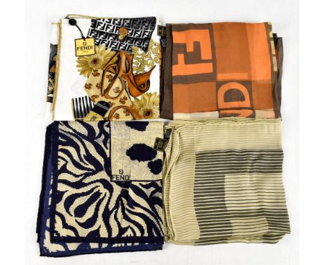 FENDI; four 100% silk scarves including a unused cream scarf square with Fendi Roma to centre with original tag, boxed, a nav