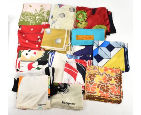 CHRISTIAN DIOR; a cream, blue and orange 100% silk scarf, an Yves Saint Laurent silk scarf (af), a Pierre Balmain poker theme