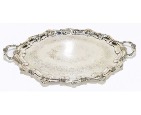 ALEXANDER CLARK; a silver plated twin handled tray, with shell and scroll border, length 68cm.&nbsp;Additional InformationGen