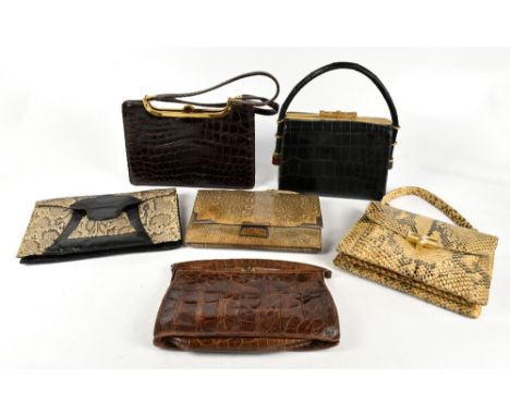 Three 1940s vintage crocodile skin handbags with gold tone hardware top closures and three vintage snakeskin bags, two with t
