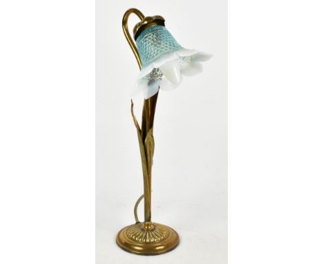 An Edwardian Art Nouveau brass table lamp with moulded blue glass shade, height 43cm.Additional InformationShade in good cond