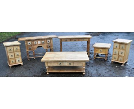 FLAGSTONE FURNTURE; a suite of Indonesian mango wood and stone travertine furniture comprising five drawer hall table, width 