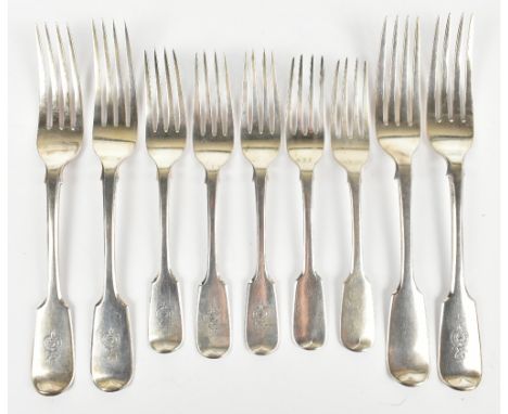 CHARLES BOYNTON; six hallmarked silver forks, comprising three table forks and three dessert forks, London 1840, with three f