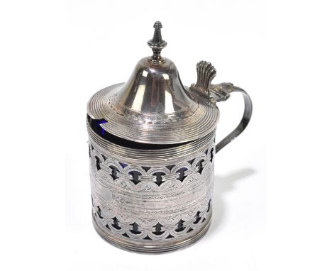 A George III hallmarked silver pierced mustard with blue glass liner, London 1796, weight 2.5ozt/84g, height 10.5cm.&nbsp;Add