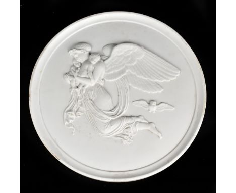 BING &amp; GRONDAHL; a late 19th century Parianware wall plaque of circular form moulded in relief with an angel and two chil