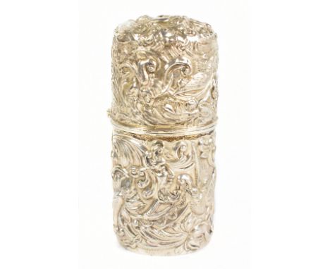 WILLIAM COMYNS; a Victorian hallmarked silver scent bottle case, decorated throughout with birds and scrolling foliage, the i