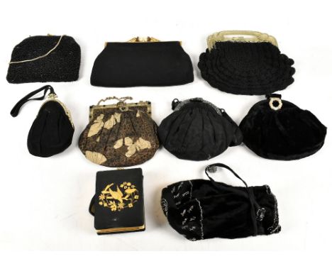 Nine vintage evening bags including an early 20th century fine crochet bag, a black suede evening purse, a velvet clutch, a b