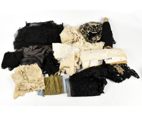 A quantity of 19th and early 20th century lace to include lace collars embroidered with beads and rhinestones, black lace pie