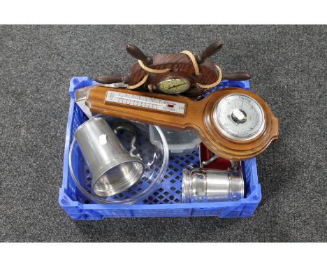 A basket of glass bowl, tankards, barometer, hip flask etc 