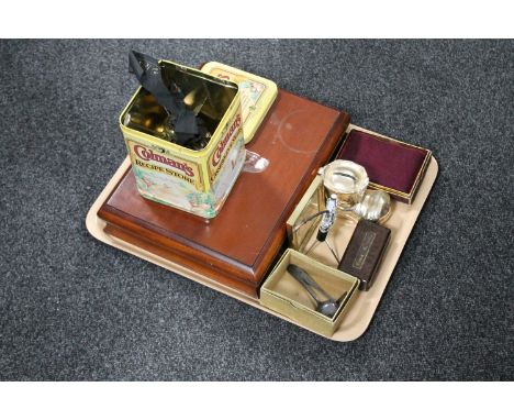 An Edwardian canteen of cutlery and a Colman's Mustard tin of cutlery, Eveready razor in Bakelite case, Ronson Calibre cigare