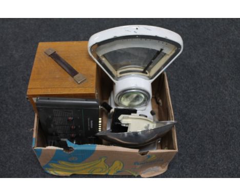 A box of microscope, wooden microscope case, Avery scales etc 