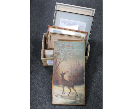 A box of seven framed pictures : oil on canvas of a stag, signed sketch of Amsterdam etc 