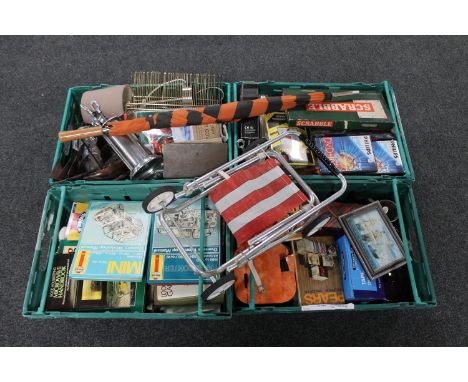 Three boxes of miscellaneous, books, Haynes car manual, chrome companion set, magazine rack, board games etc 