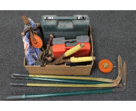 A box of vintage hand tools, cased power tools, garden edgers etc 