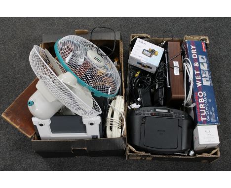 Two boxes of electricals including cd radio cassette player, Bush DAB radio, car camcorder, digital photo frame, desk fan etc