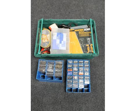A crate of hand tools, together with two miniature chests containing hardware 