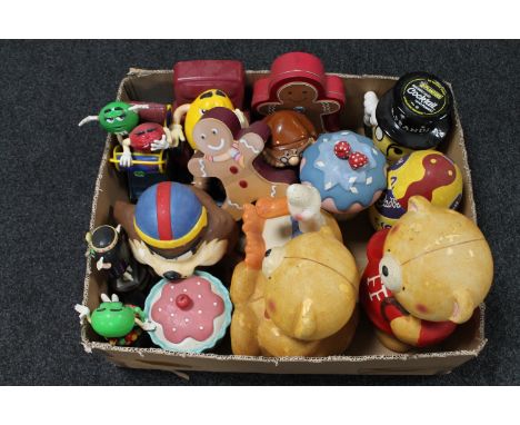 A box of novelty cookie jars, ginger bread tins, M &amp; M novelties 