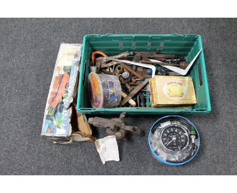 A crate of hand tools, vintage blow lamp, motorbike speedometer, Black &amp; Decker safe and tidy cable 