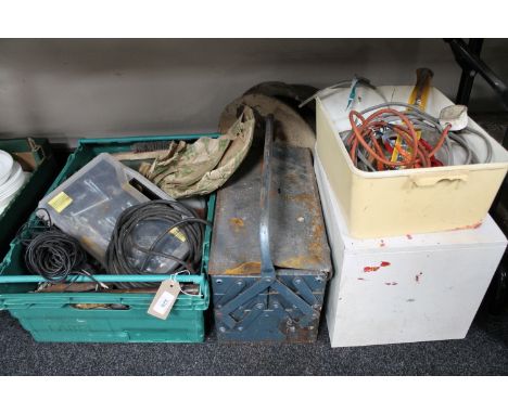 A plastic crate of hand tools, hard ware, cables, metal tool box, plastic tub and wooden box of tools, garden tools etc 