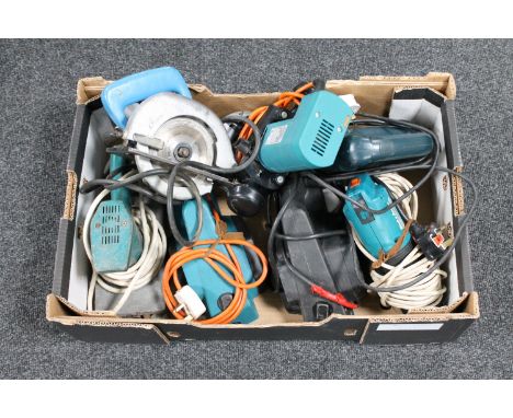 A box of a quantity of assorted power tools including Black and Decker jigsaw, router and sander