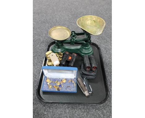 A tray of kitchen scales with set of five graduated weights, two sets of binoculars, assorted gent's cufflinks and two pocket